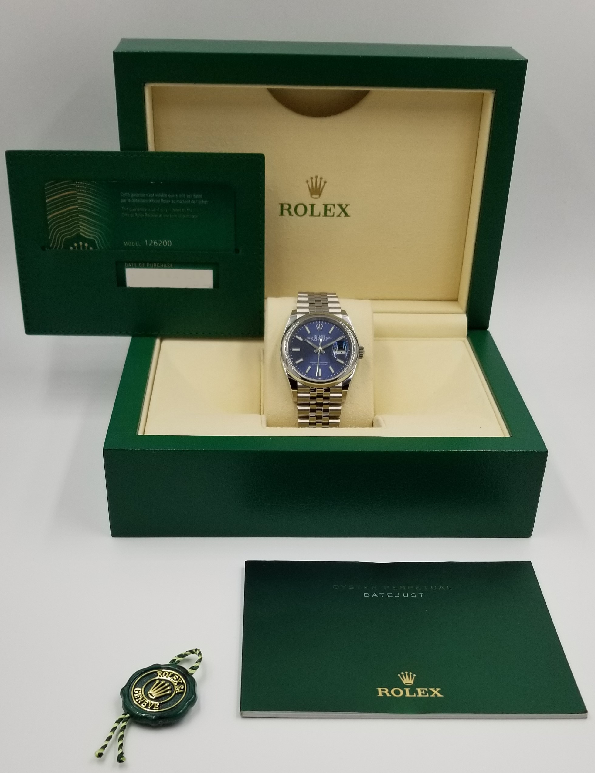 ROLEX DATEJUST 36MM REF.126200 BLUE INDEX MARKER DIAL OYSTERSTEEL WITH ...