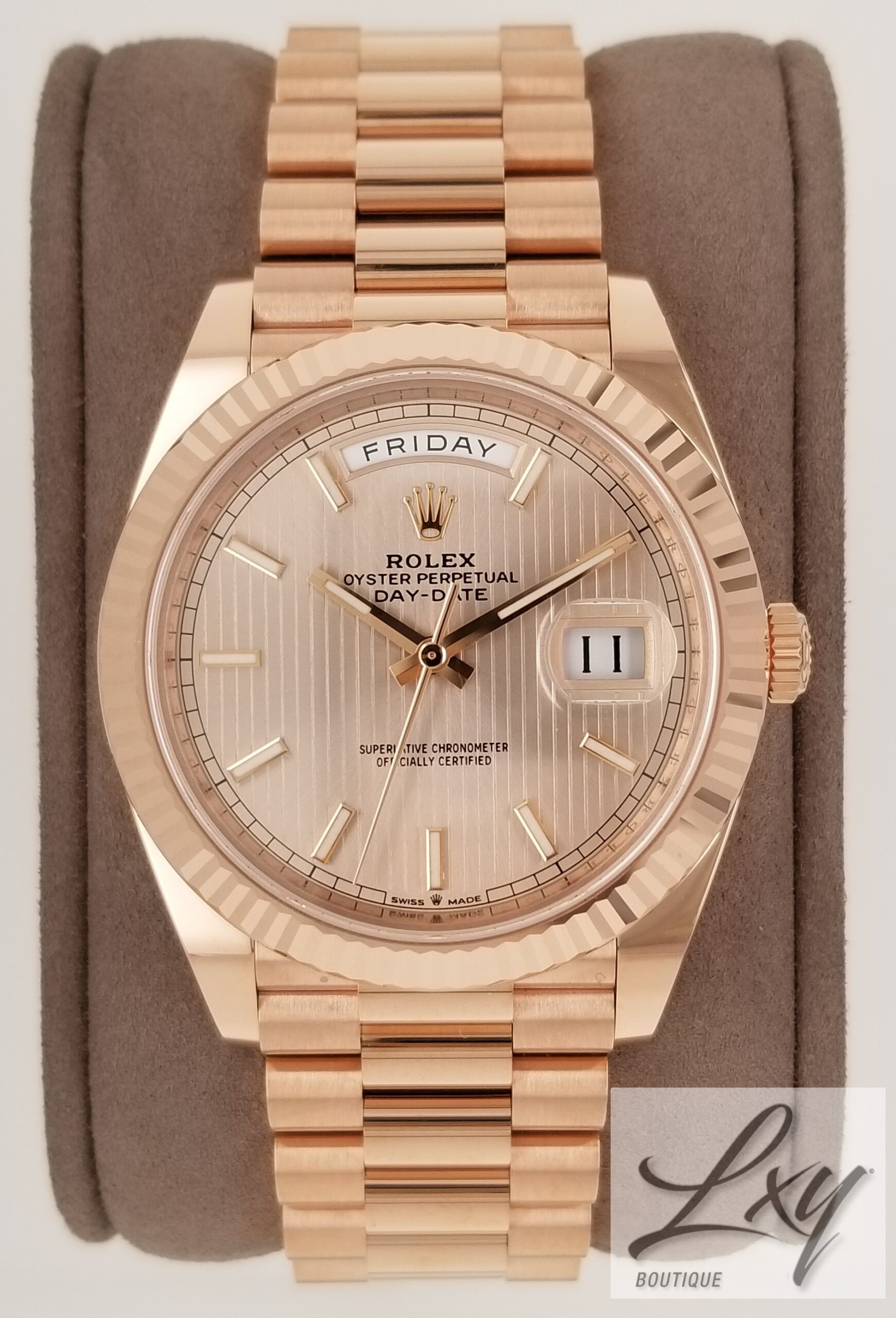 ROLEX DAY-DATE 40MM STRIPE MOTIF EVEROSE GOLD WITH A PRESIDENT BAND - Lxy Boutique